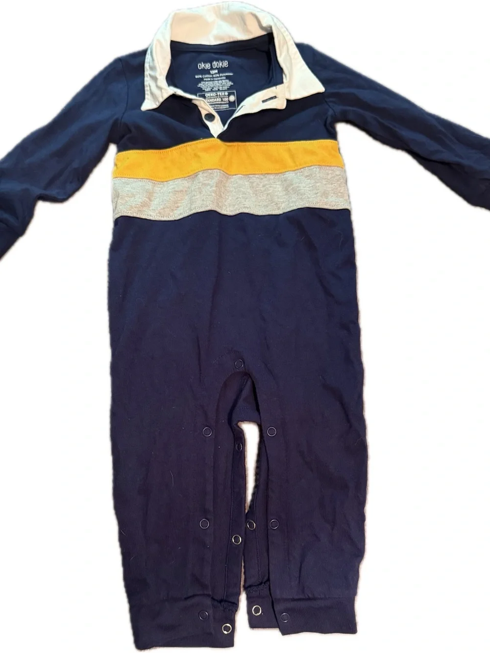 okie dokie Navy, Yellow & Gray Stripe One-Piece Romper